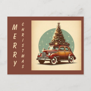 A vintage Christmas classic car Holiday Postcard