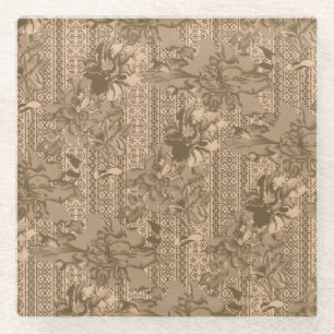 A vintage floral pattern with intricate brown desi glass coaster