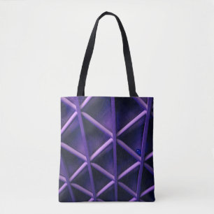 A violet ceiling with a criss-cross pattern; a blu tote bag