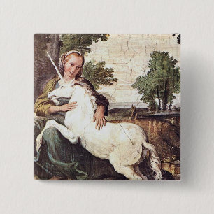 A Virgin with a Unicorn by Domenico Zampieri 2 Inch Square Button