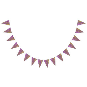 A visually appealing purple and gold design, enclo bunting flags