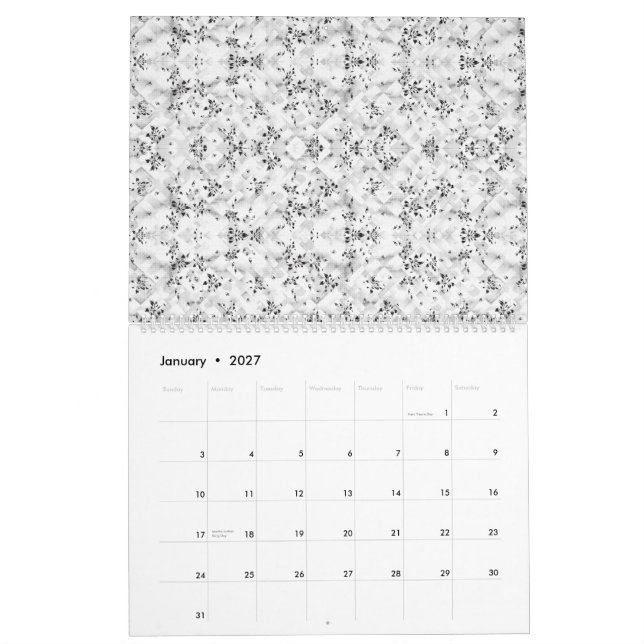 A visually striking white and black patterned wall calendar (Jan 2027)