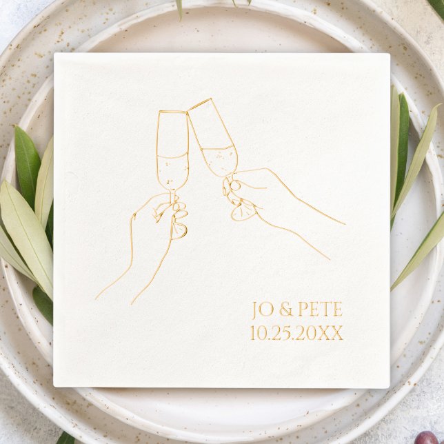 "À votre santé" Champagne personnalisé pour fête f ("cheers" line art champagne custom personalized name and wedding date gold foil cocktail napkins)