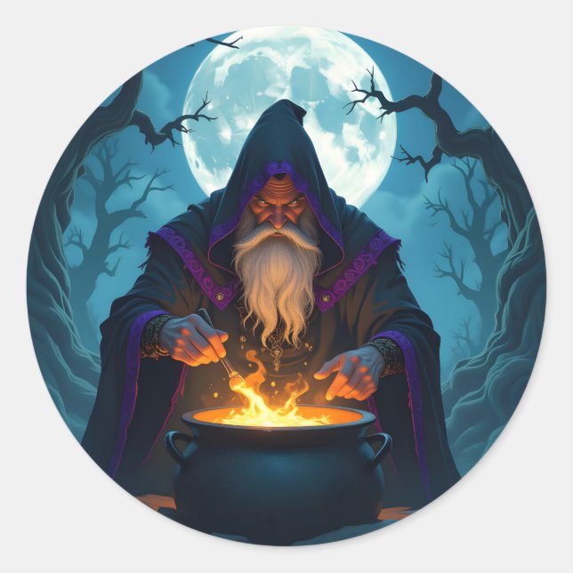 A Warlock Brewing up a Halloween Party Classic Round Sticker (Front)