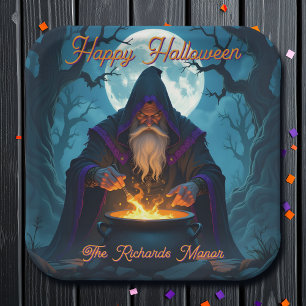 A Warlock Brewing up a Halloween Party Paper Plate