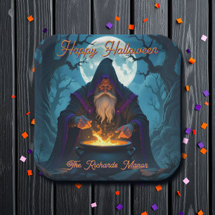 A Warlock Brewing up a Halloween Party Paper Plate