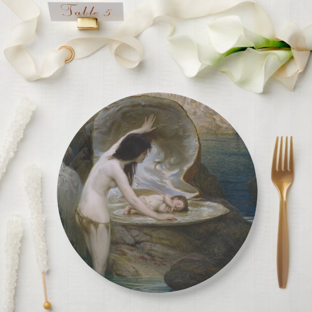 A Water Baby Found in Seashell by Bikini Nymph Paper Plate (Wedding)