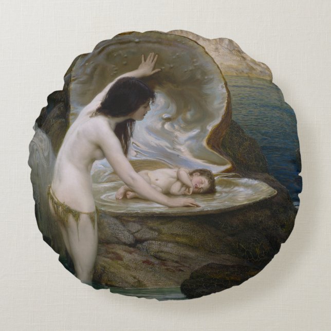 A Water Baby Found in Seashell by Bikini Nymph Round Pillow (Front)