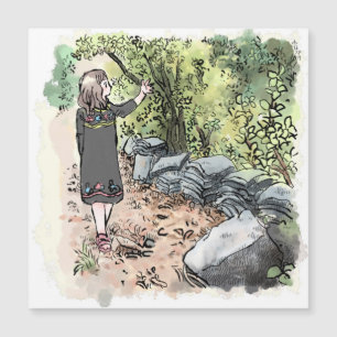 a water color illustration of a woman walking alon