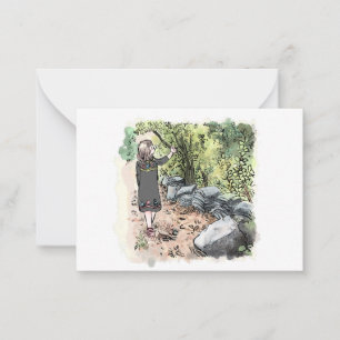 a water color illustration of a woman walking alon card