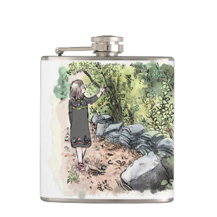 a water color illustration of a woman walking alon hip flask