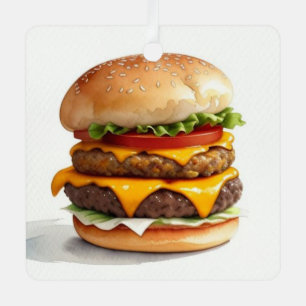 A Watercolor Drawing of a Cheeseburger Metal Ornament