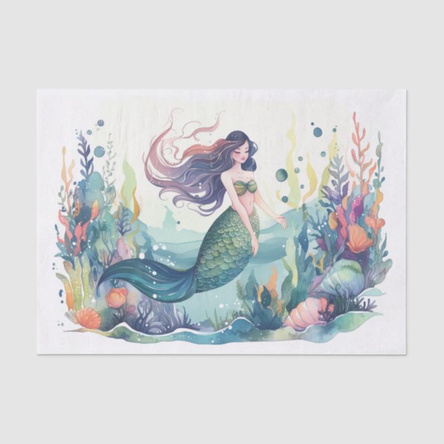 A watercolour mermaid in the colourful reef tissue paper (Front)