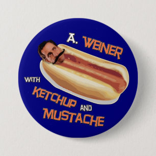 A Weiner with ketchup & moustache 3 Inch Round Button