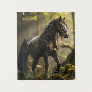 A wet black curly horse stands in a green forest tapestry