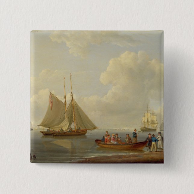 A Wherry Taking Passengers out to Two Anchored Pac 2 Inch Square Button (Front)