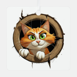 A Whimsical Cartoon Cat with Bright Green Eyes Pee Metal Ornament