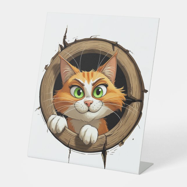 A Whimsical Cartoon Cat with Bright Green Eyes Pee Pedestal Sign (Front)