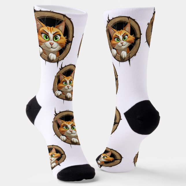 A Whimsical Cartoon Cat with Bright Green Eyes Pee Socks (Angled)