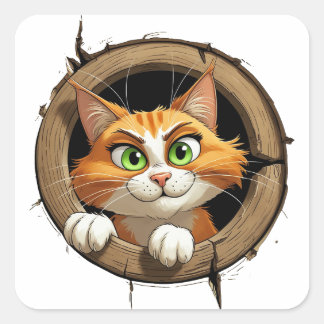 A Whimsical Cartoon Cat with Bright Green Eyes Pee Square Sticker