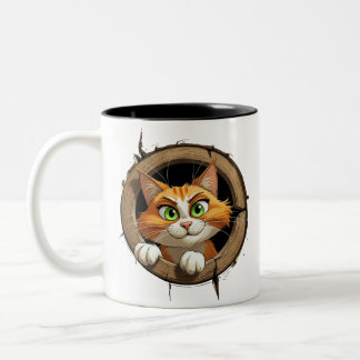 A Whimsical Cartoon Cat with Bright Green Eyes Pee Two-Tone Coffee Mug