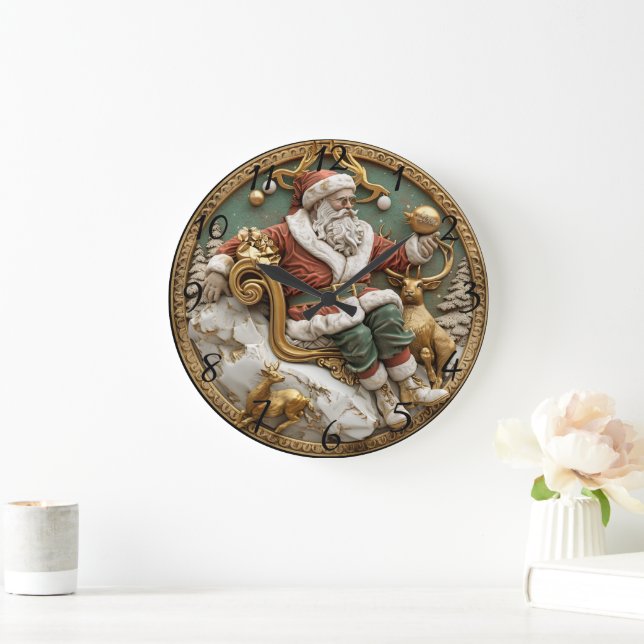 A whimsical Christmas scene with Santa and deer Large Clock (Home)