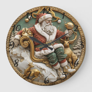 A whimsical Christmas scene with Santa and deer Large Clock