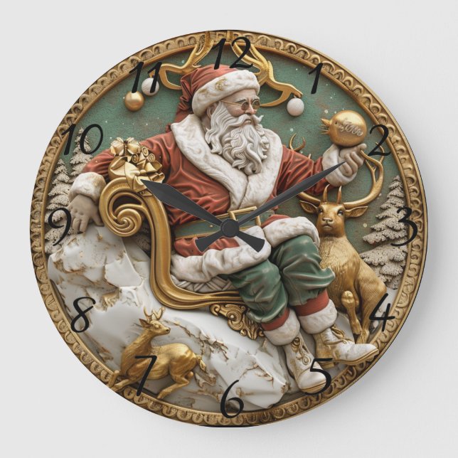 A whimsical Christmas scene with Santa and deer Large Clock (Front)