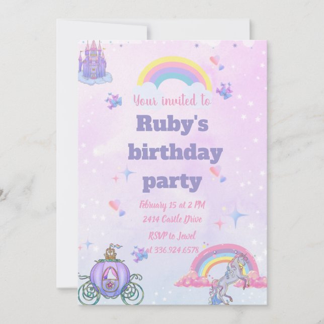 A Whimsical, fairytale castle and unicorn invite (Front)