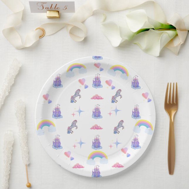A Whimsical, fairytale castle and unicorn plate (Wedding)