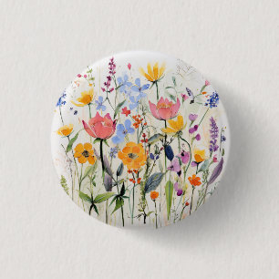 A whimsical floral badge, button, pin