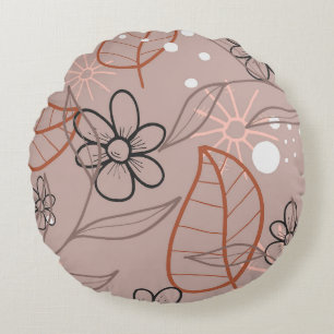 A Whimsical Flower and Leaves Print Round Pillow
