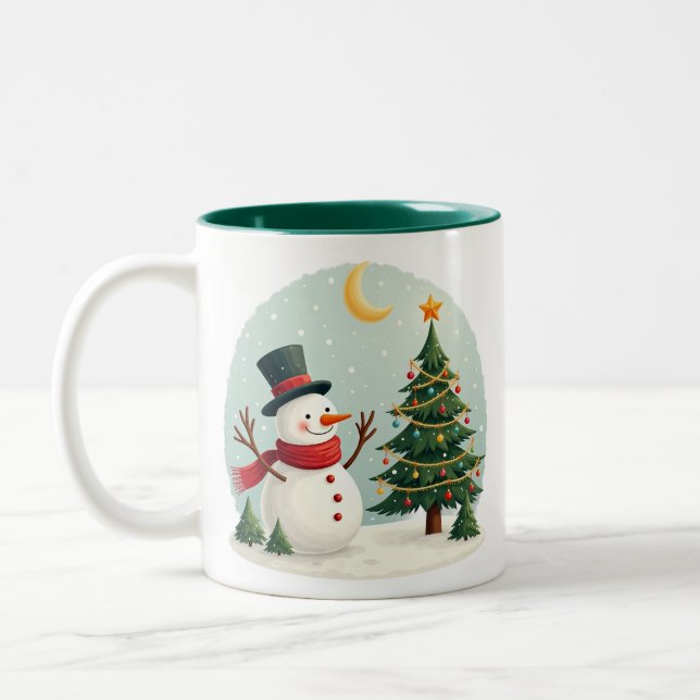 A whimsical scene of a family of snowmen building  Two-Tone coffee mug (Left)