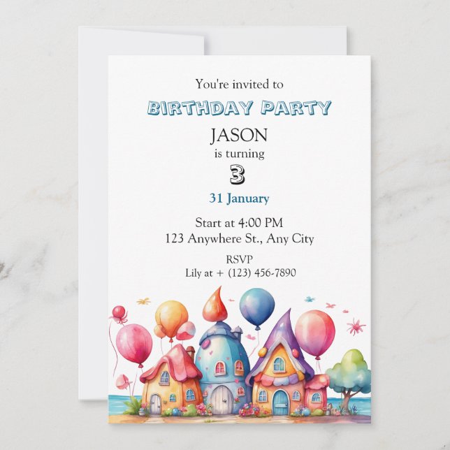 A Whimsical Village of Balloon Invitation (Front)