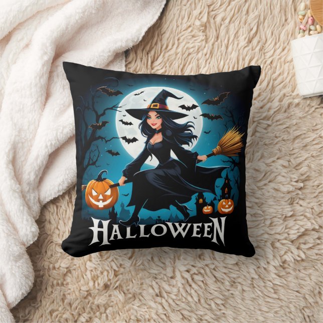 A whimsical witch flying under a full moon throw pillow (Blanket)