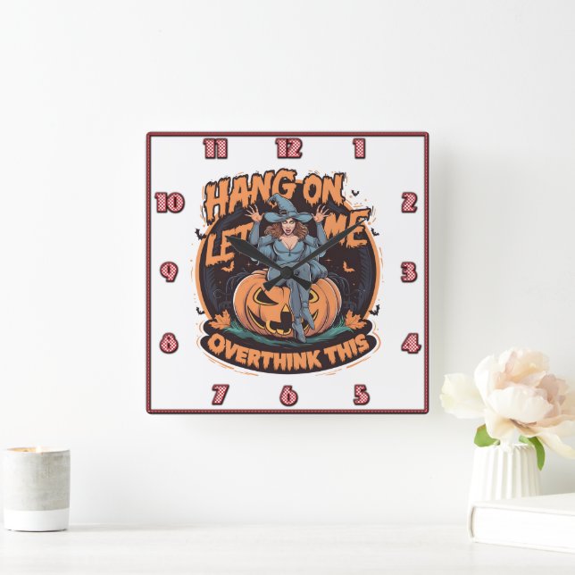 A whimsical witch perched on a pumpkin at dusk square wall clock (Home)