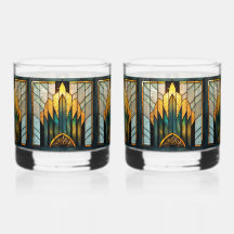 Art Déco Verre Cathédrale en Or Vert Noir