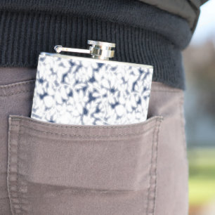 a white and blue background with a pattern hip flask