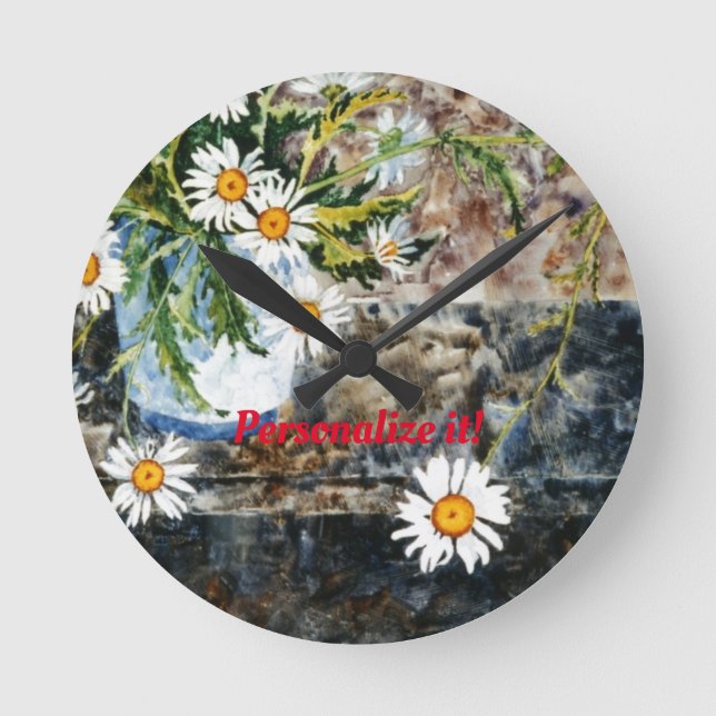 A white and blue pot of wild daisies on a shelf round clock (Front)