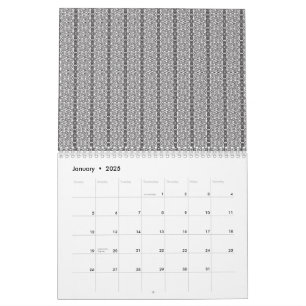 A white and grey geometric pattern fills the image calendar