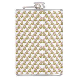 a white background with green leaves on it hip flask