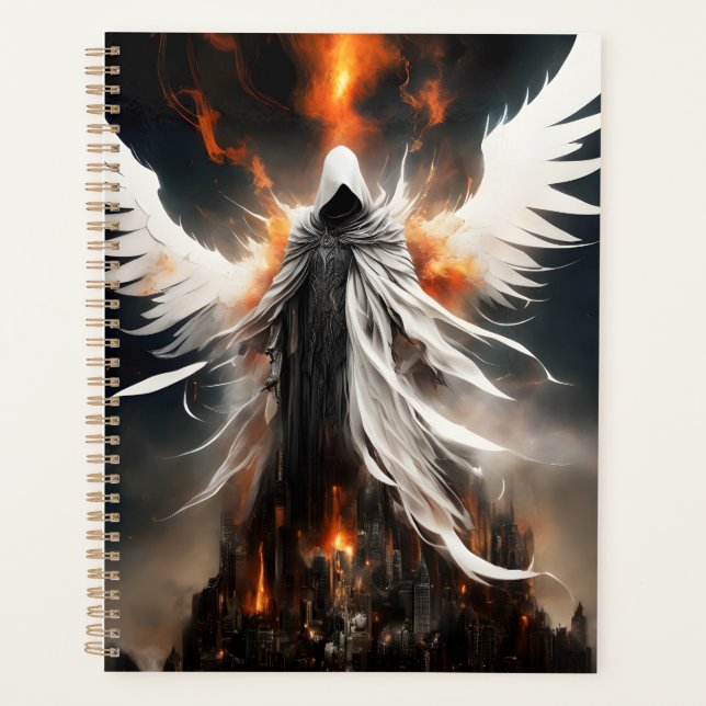 A white bloody angel female towers over a destroye planner (Front)