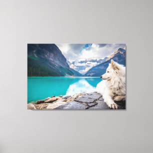 A white dog sitting on a rock formation canvas print