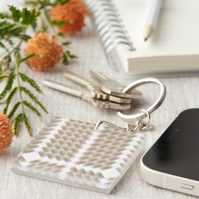 A white, equilateral triangle centred on a plain  keychain (Front Right)