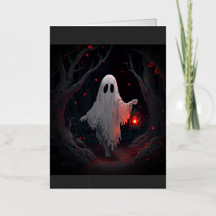 A white ghost holding a red lantern with red leave foil greeting card