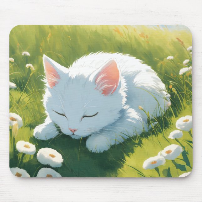 A white kitten sleeping image mouse pad (Front)