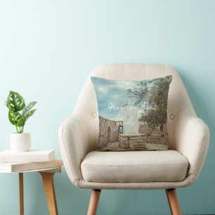 A White Lighthouse and an Olive Tree Throw Pillow
