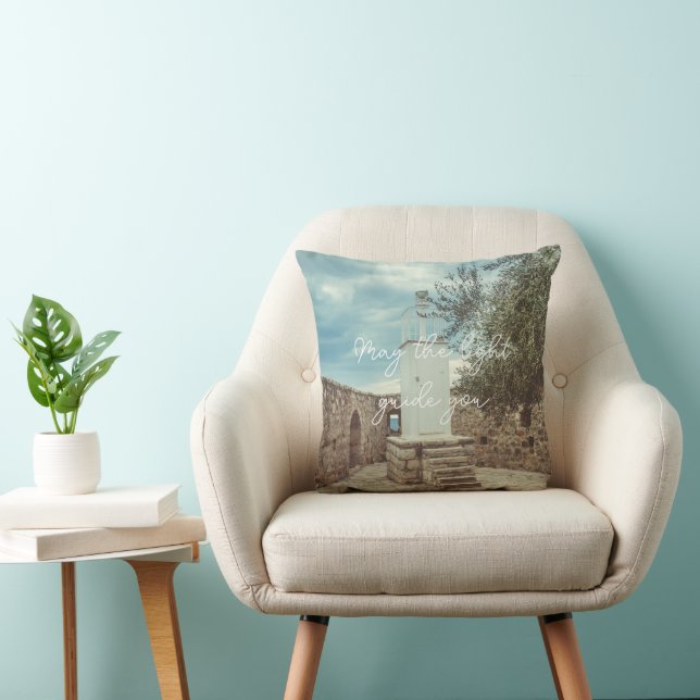 A White Lighthouse and an Olive Tree  Throw Pillow (Chair)