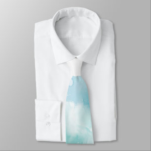 A white necktie features a soft, pastel blue