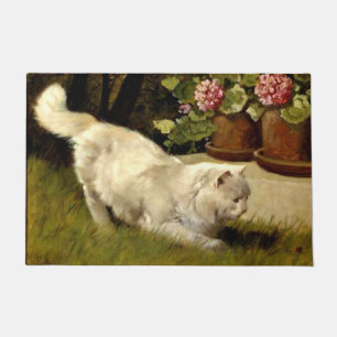 A White Persian Cat Watching Ladybug Doormat